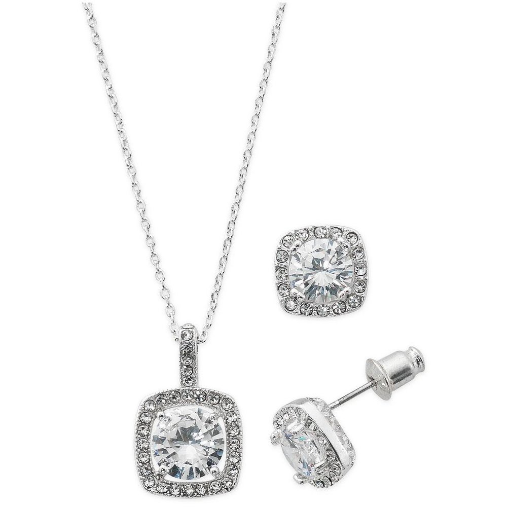 Macy's Silver Plate Cubic Zirconia Necklace and Stud Earring Set, 18" + 3" ext